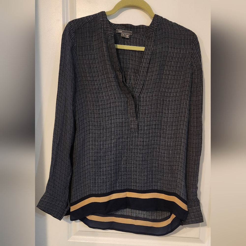 Vince Blue and White Blouse Silk Long Sleeve Blouse